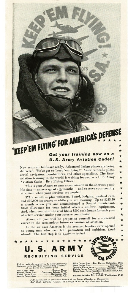 1941 US ARMY Recruiting Service Aviation Cadet Keep ‘Em Flying WWII Vintage Ad