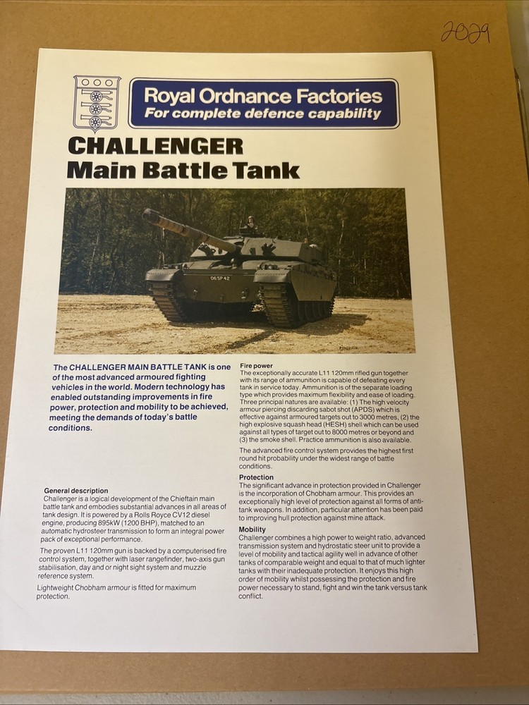 Vintage Royal Ordnance Challenger Main Battle Tank Military Vehicle Brochure