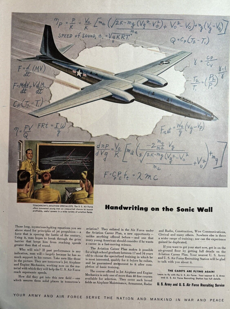 1948 U S Army Air Force Recruiting Service Sonic Wall Aviation Jet VTG Print Ad