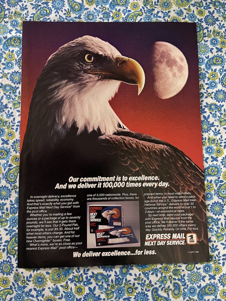 Vintage 1985 USPS United States Postal Service Express Mail Print Ad Eagle
