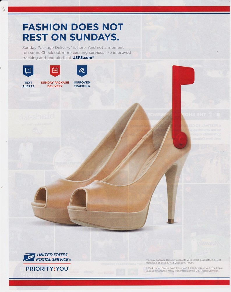 USPS print ad high heel platform shoes mailbox art page clipping pumps 2014 vtg