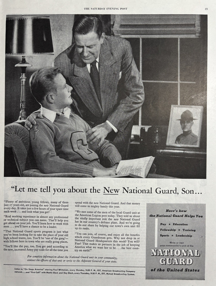 1947 National Guard Of The United States Recruiting Son Pay sports VTG print Ad