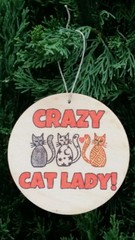 (3) SET OF 3 ASPEN WOOD ORNAMENTS (3″ DIAMETER) CRAZY CAT LADY FUNNY HUMOR PET
