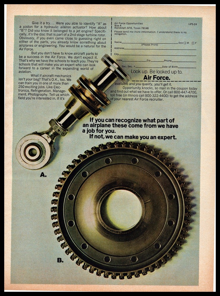 1974 Air Force Careers Aircraft Mechanic Airplane Parts Vintage PRINT AD 1970s