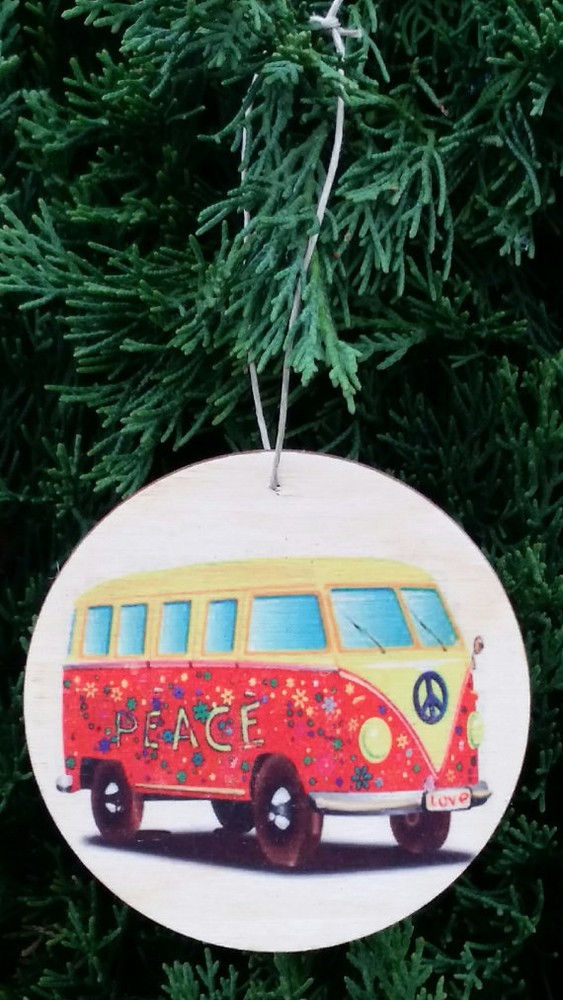 (3) SET OF 3 ASPEN WOOD ORNAMENTS (3″ DIAMETER) VW BUS HIPPIE SURFER DEAD HEAD