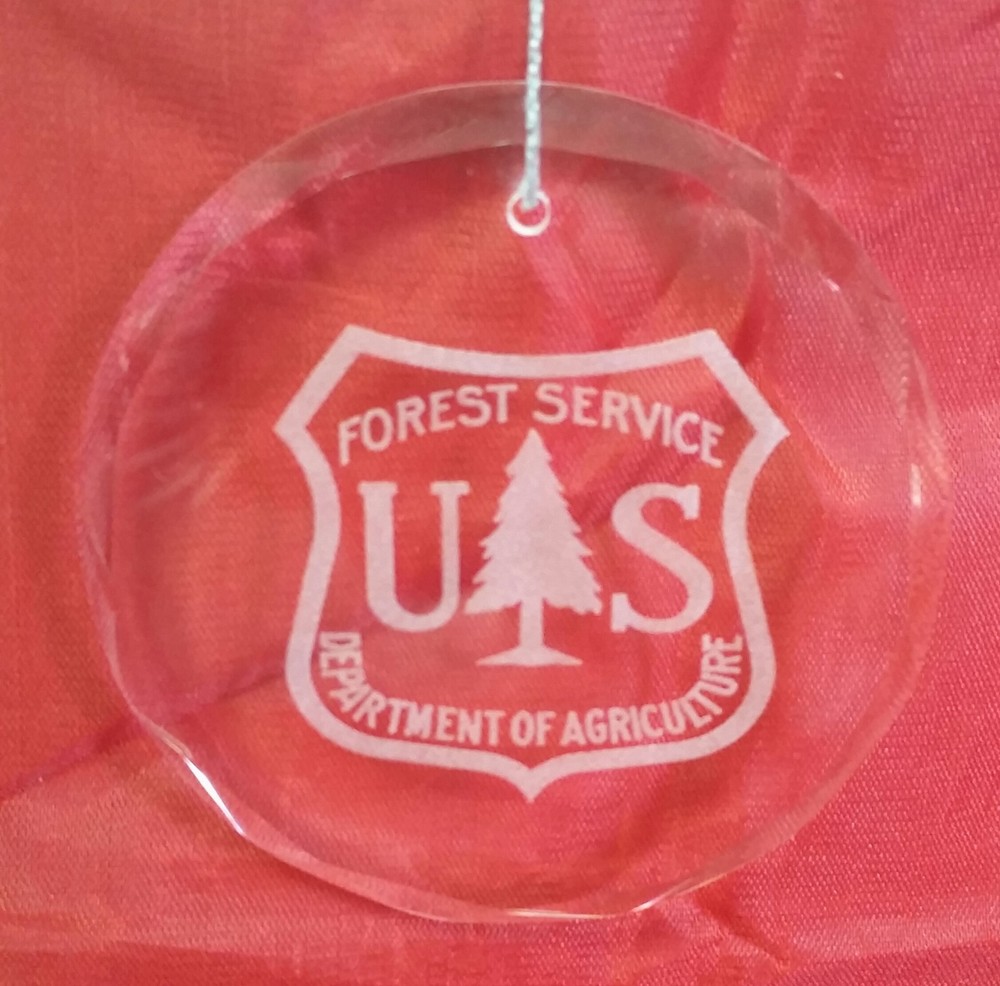 USFS Forest Service Dept of Agriculture Beveled Crystal Ornament Blue Gift Box