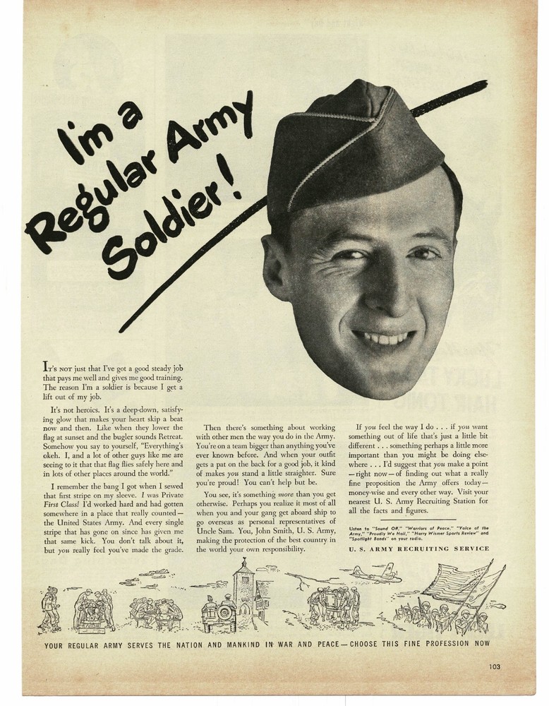 1946 US Army Recruiting Enlistment regular soldier Vintage Print Ad
