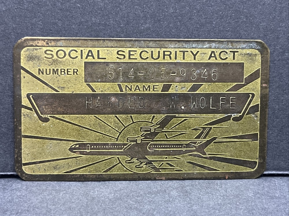 1930s Brass / Metal SOCIAL SECURITY ACT Card ~ Vintage Airplane