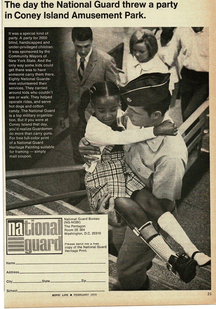 1970 NATIONAL GUARD Recruiting Enlistment Print Ad soldier & disabled child
