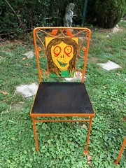 Carnival folk Art Haunted House Cast Iron Wood Back Halloween Chair Set Of 4