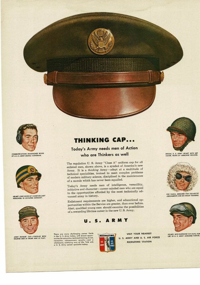 1950 U. S. ARMY Recruiting Enlistment Thinking Cap Class A art Vintage Print Ad