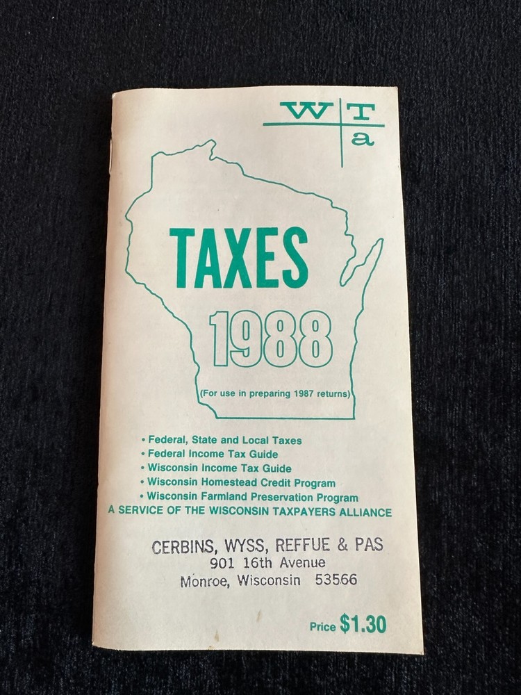 1988 WI Taxes Booklet Wisconsin Taxpayers Alliance Monroe WI
