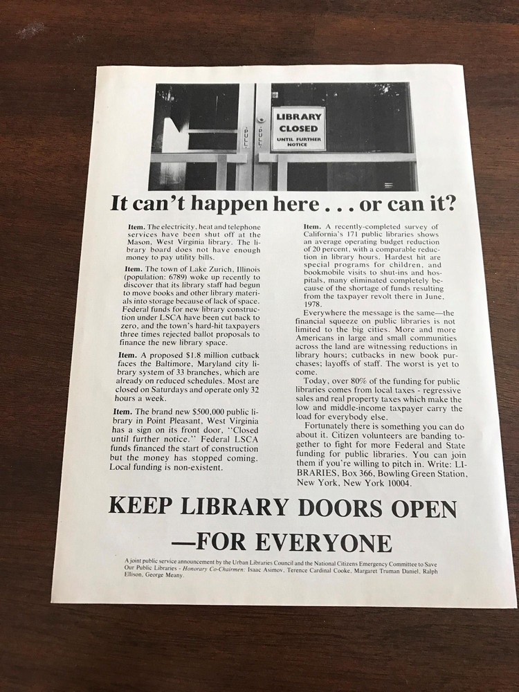 1980 VINTAGE 8X11 PUBLIC SERVICE PRINT Ad FOR KEEP PUBLIC LIBRARY DOORS OPEN