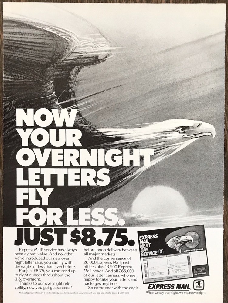 1988 USPS Express Mail PRINT AD Now Your Overnight Letters Fly for Less Eagle