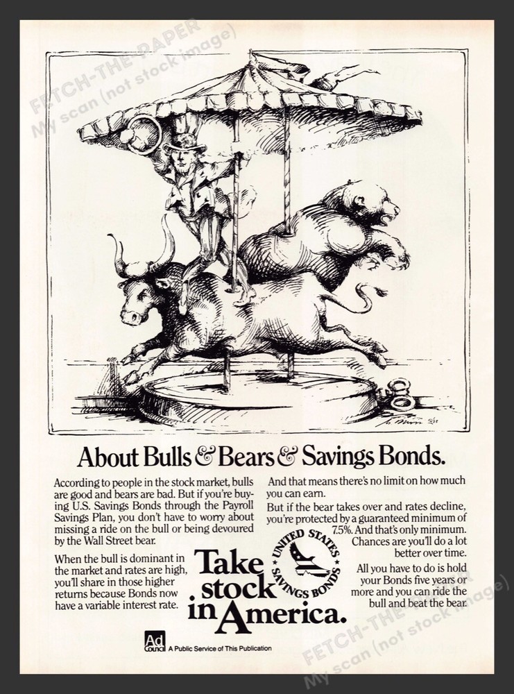 United States Savings Bonds Carousel Bull Bear Sam 1980s Print Ad 1984