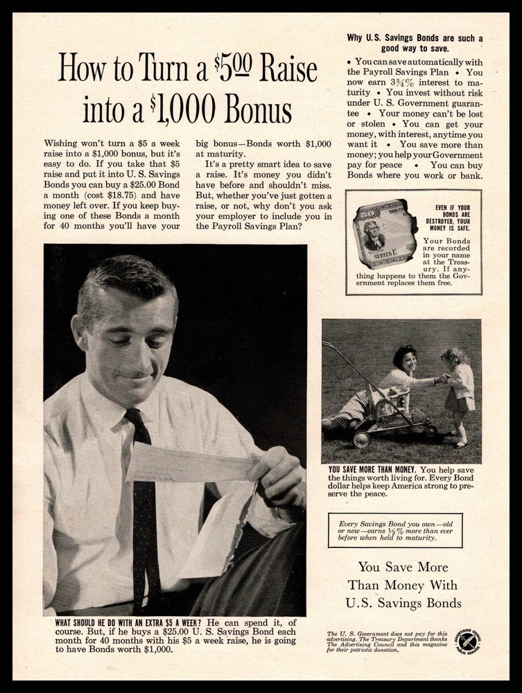 1960 U.S. Savings Bonds «How To Turn A $5.00 Raise Into a $1,000 Bonus» Print Ad