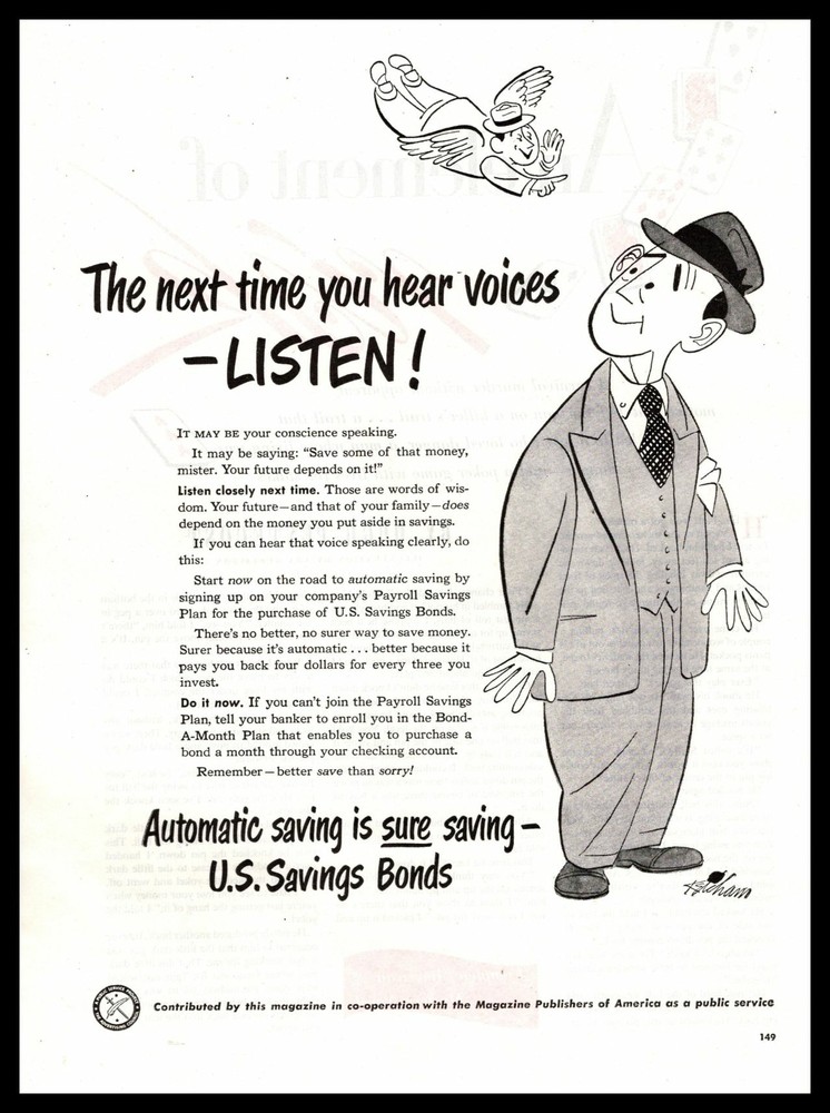 1948 U. S. Savings Bonds «When You Here Voices, Listen» Cartoon Angel Print Ad