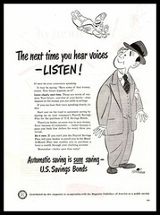 1948 U. S. Savings Bonds «When You Here Voices, Listen» Cartoon Angel Print Ad
