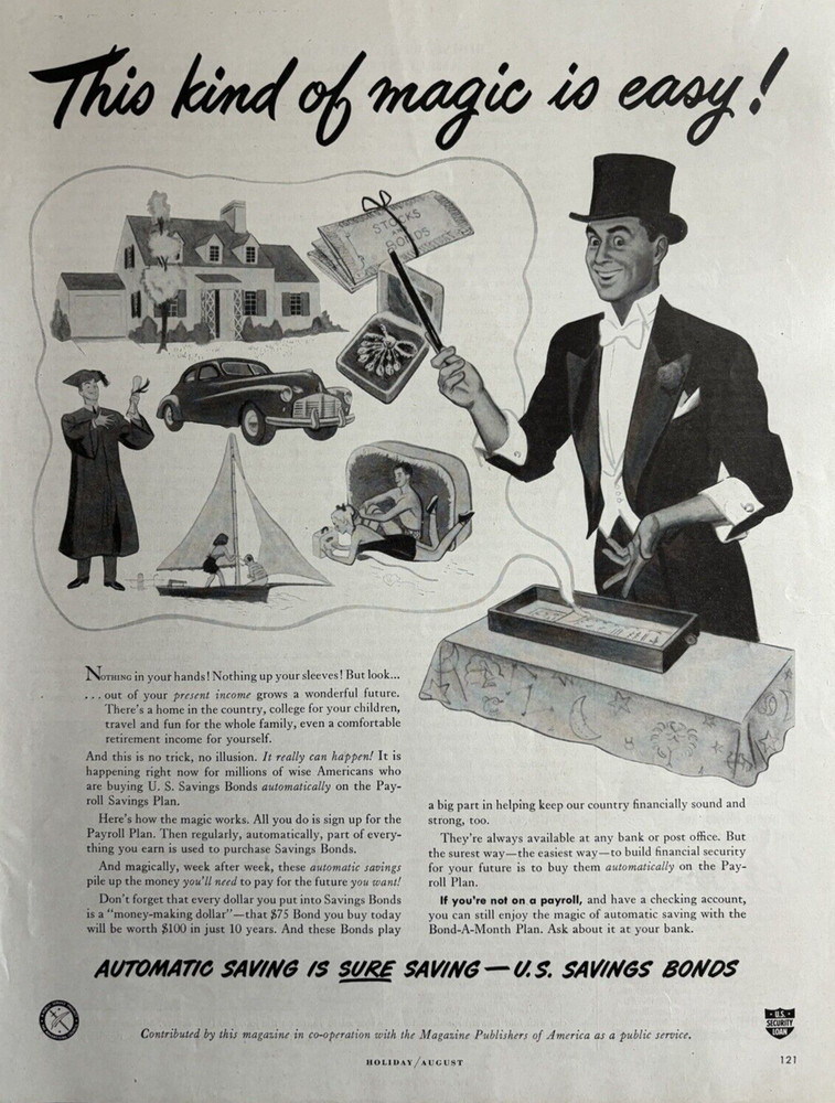 1940s U.S. Savings Bonds Automatic Savings Magician Payroll Plan VTG Print Ad
