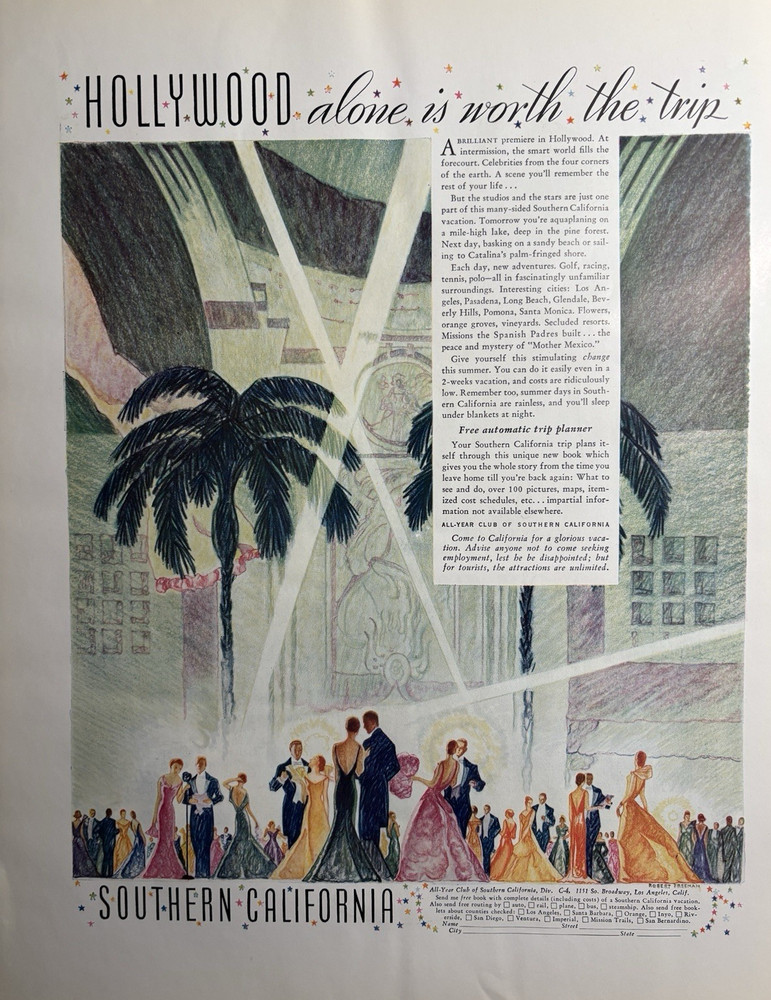 1935 All Year Club Southern California Hollywood Worth Trip Travel VTG Print Ad