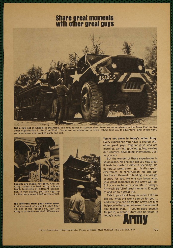 U.S. Army Recruiting Wheels Travel School Action Vintage Print Ad 1965