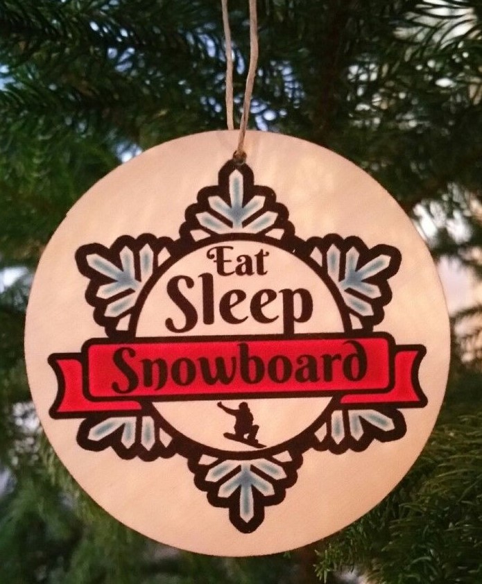 (3) SET OF 3 ASPEN WOOD ORNAMENTS (3″ DIAMETER) EAT SLEEP SNOWBOARD RUSTIC