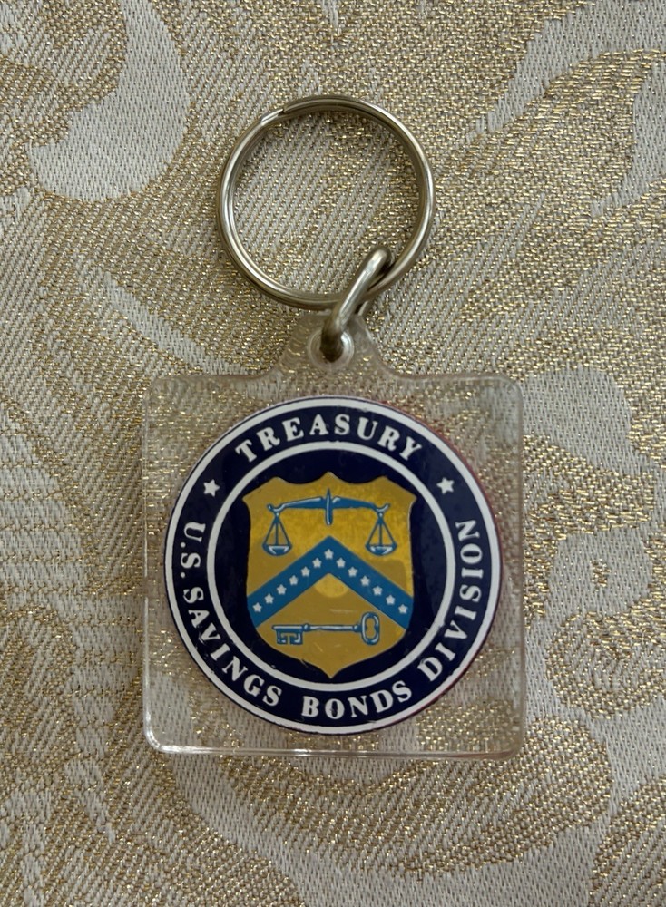 Vintage Treasury Department US Savings Bond Division Acrylic Keychain 1.5”X 1.5”