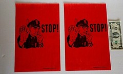 Policeman Blowing Whistle «Stop» screen printed on red felt 60s? 14″x9″