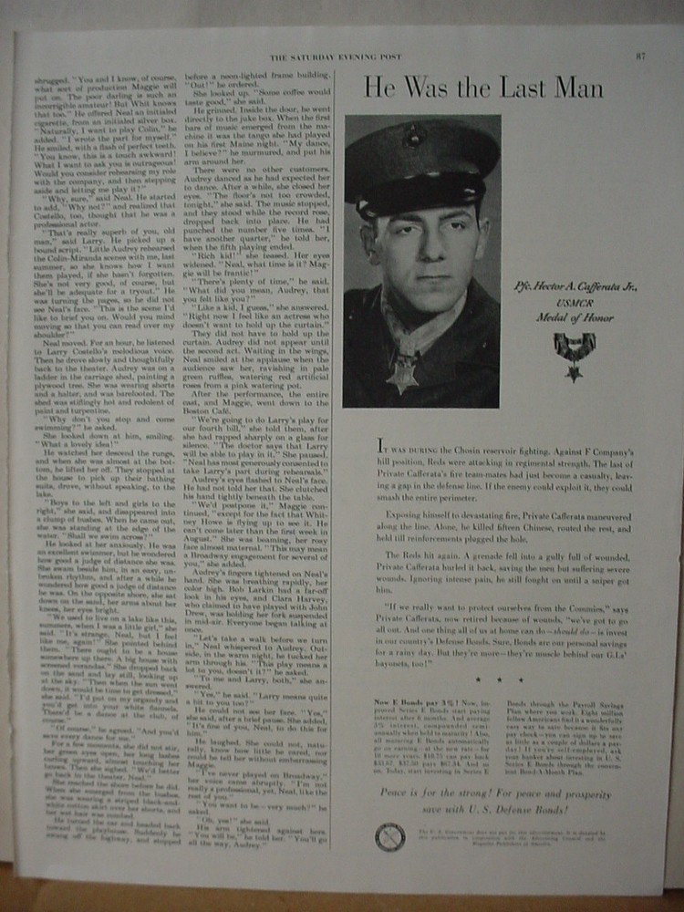 1953 US Defense Bonds Pfc H. Cafferata USMCR Medal of Honor VTG Print Ad 10560