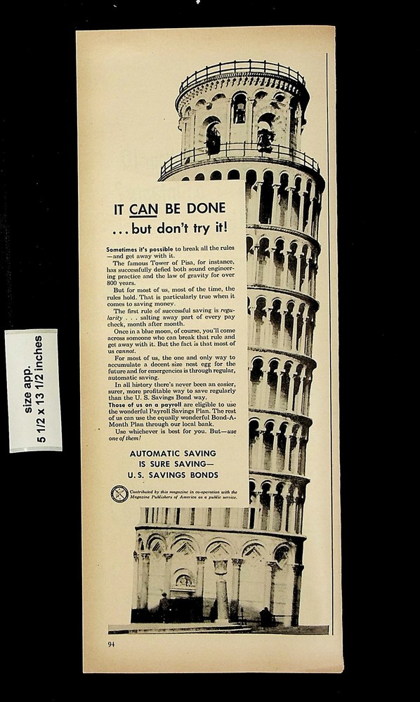 1949 Automatic Savings Tower of Pisa Vintage Print Ad 21196