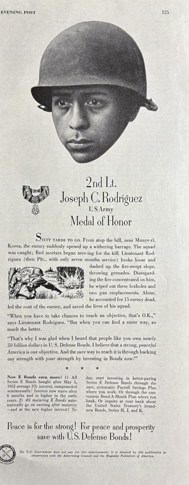 1952 U.S Army Medal Honor Joseph C. Rodriguez Munye Ri Korea Vintage Print Ad