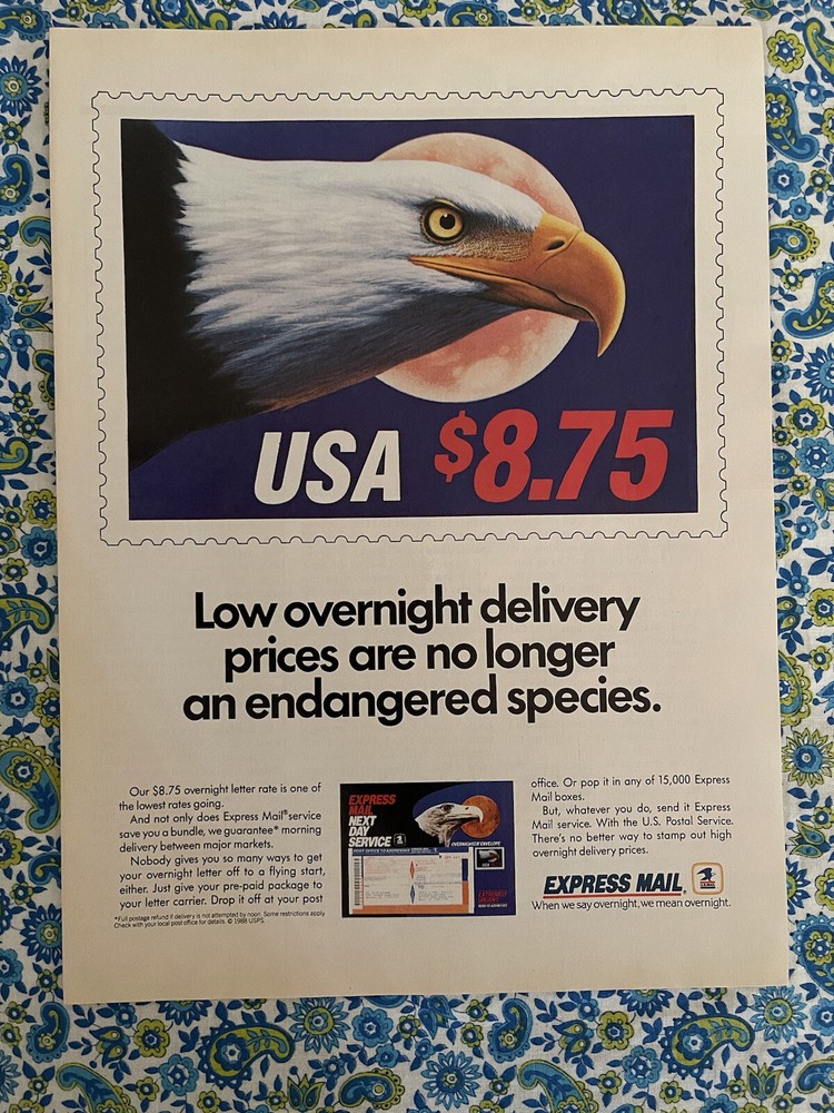 Vintage 1988 USPS United States Postal Service Express Mail Print Ad Eagle