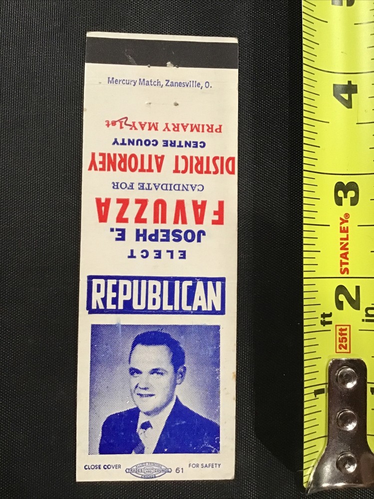 Joseph E Favuzza District Attorney Centre County Election Matchbook Cover