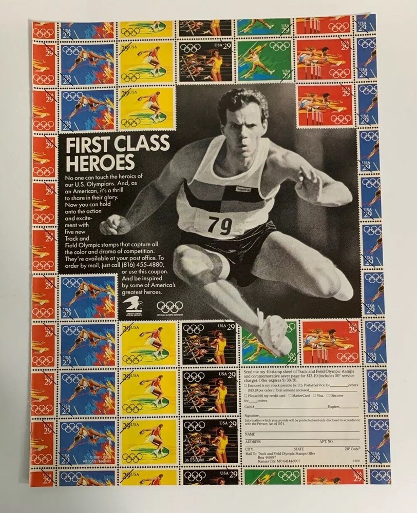 1991 USPS US Post Office Stamp Print Ad 1992 Olympics Track & Field 29 Cents