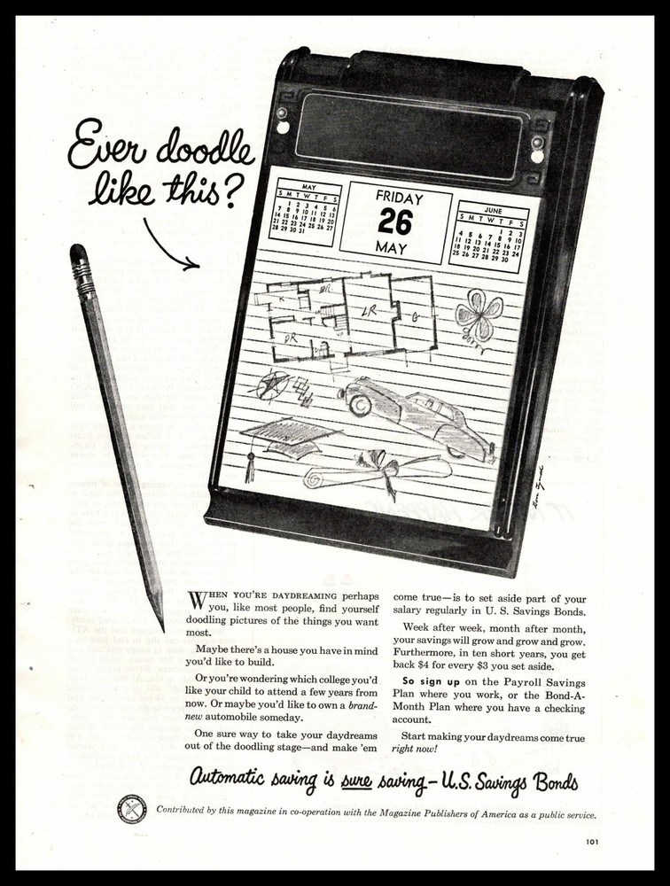 1950 U. S. Savings Bonds «Every Doodle This?» Calendar Memo Pad Vintage Print Ad