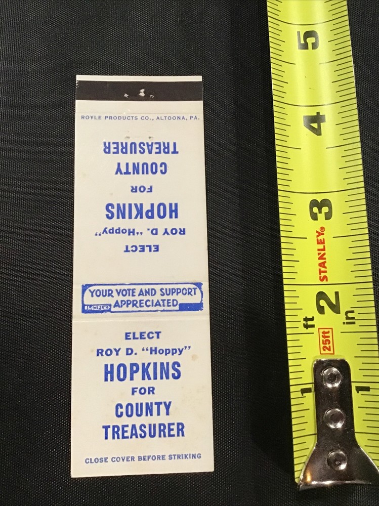 Elect Roy D Hoppy Hopkins for County Treasurer Election Matchbook Cover