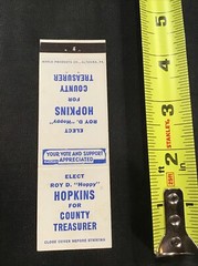 Elect Roy D Hoppy Hopkins for County Treasurer Election Matchbook Cover