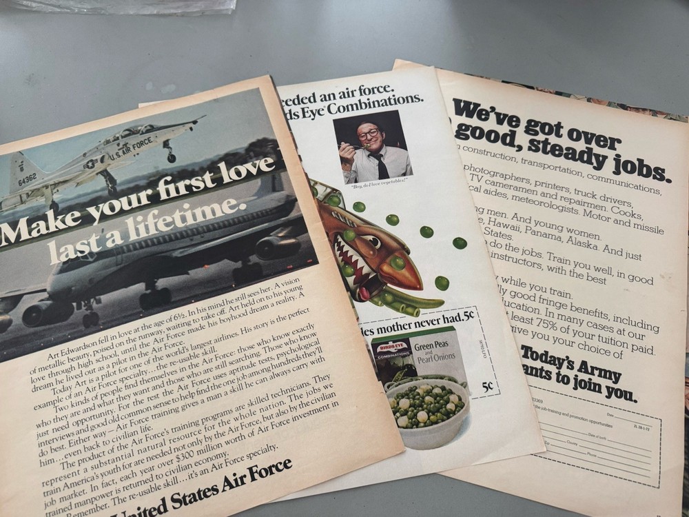 1972 LIFE Ads Lot of 4 Army Air Force Recruitment Birds Eye Vegetable Warplane