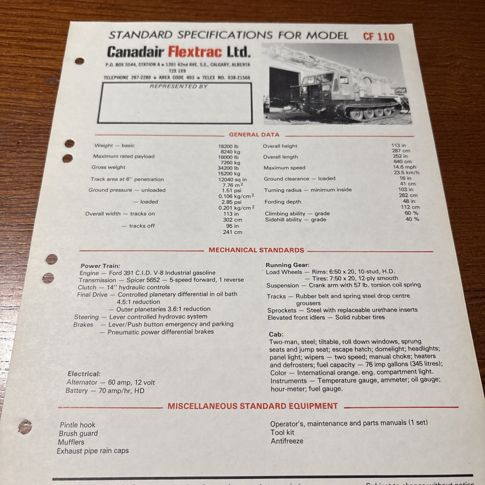 VTG 1974 Canadair Flextrac CF 110 Military Vehicle Brochure Sheet Ford Engine