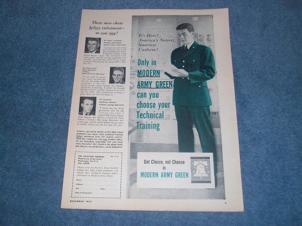 1957 United States Army Recruiting Vintage Ad «…Choose Your Technical Training