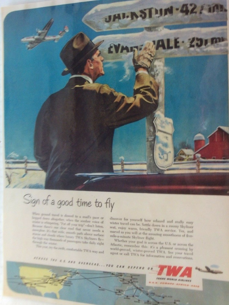 AIRPLANE 1951 TWA «GOOD TIME TO FLY» Laminated Print Ad «FREE SHIPPING»