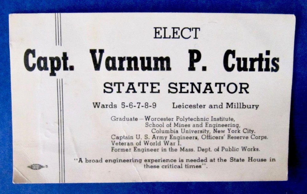 Elect Capt Varnum P. Curtis Trade Card State Senator Leicester Massachusetts