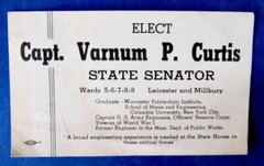 Elect Capt Varnum P. Curtis Trade Card State Senator Leicester Massachusetts