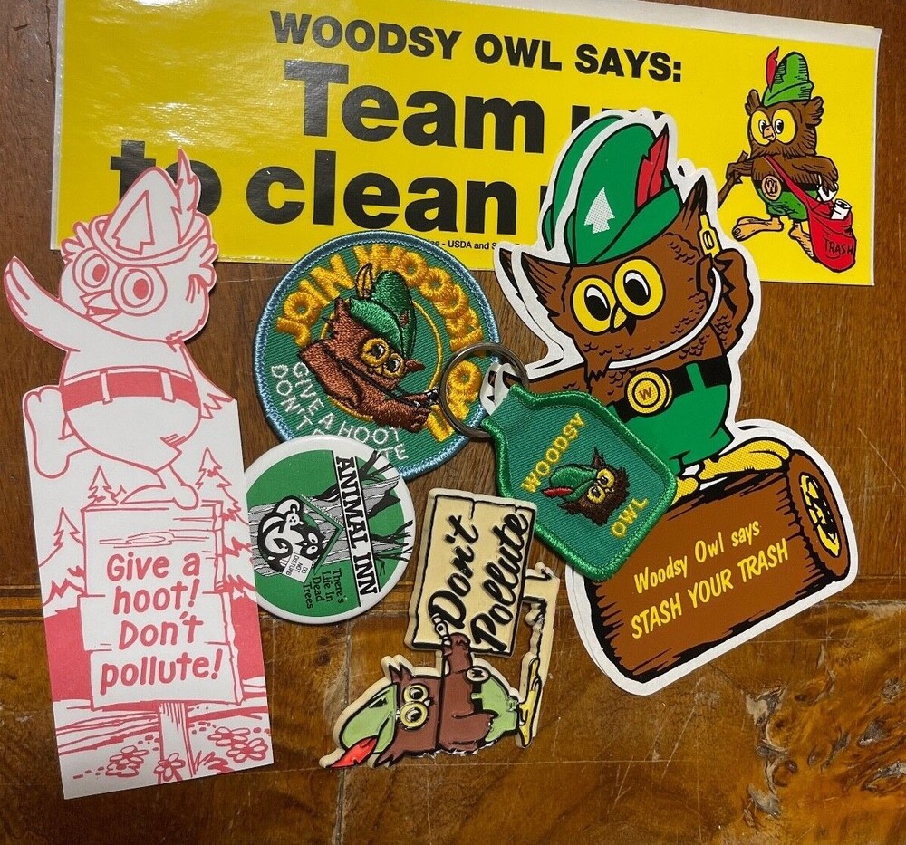 WOODSY OWL SOUVENIR BUILD YOUR OWN LOT PATCH POSTER BUMPER STICKERS VINTAGE