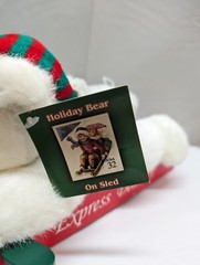 1995 USPS EXPRESS DELIVERY WHITE PLUSH CHRISTMAS TEDDY BEAR ON WOODEN SLED 11.5″