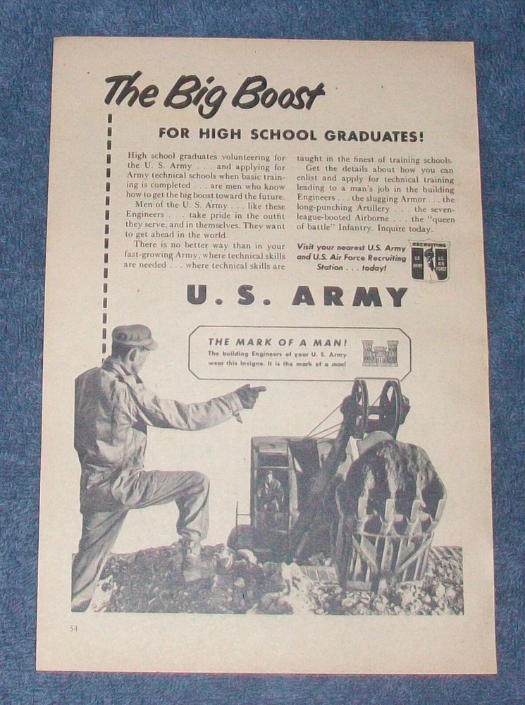 1951 U.S. Army Vintage Recruitment Ad «The Big Boost for High School Graduates»
