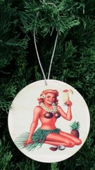 (3) SET OF 3 ASPEN WOOD ORNAMENTS (3″ DIAMETER) HULA DANCER HAWAIIAN TIKI LUAU