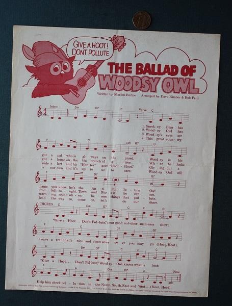 1971-1975 US Forestry Service Woodsy Owl Hoot & Don’t Pollute theme song sheet-