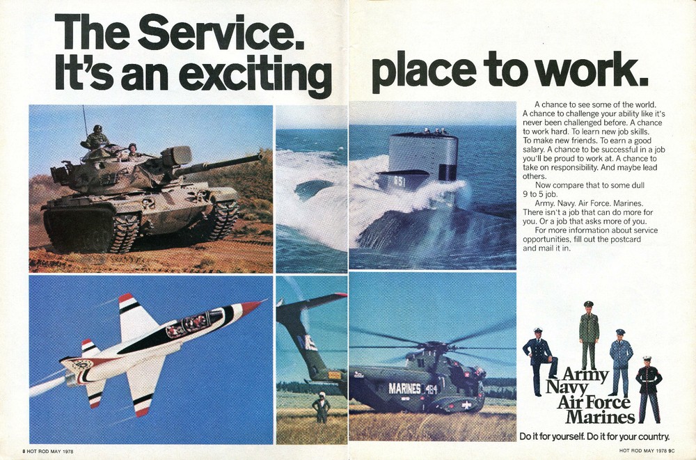 1978 U.S. Army Navy Air Force Marine Corp Tank Jet Chopper 2 Page Recruiting Ad