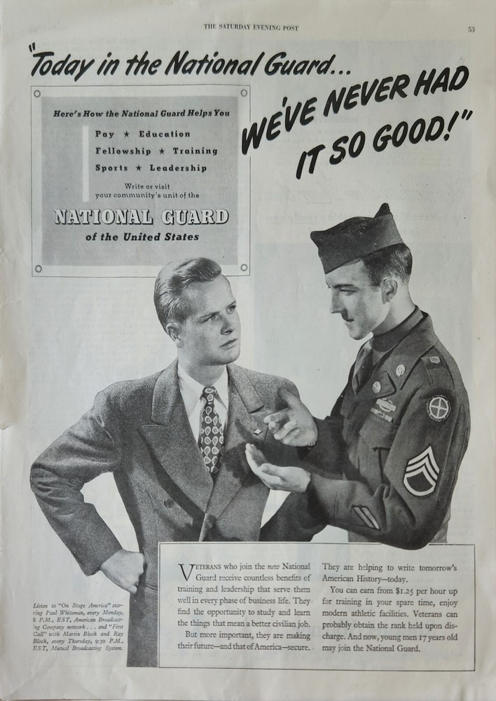1947 The National Guard of the United States Vintage Ad Never had it so good